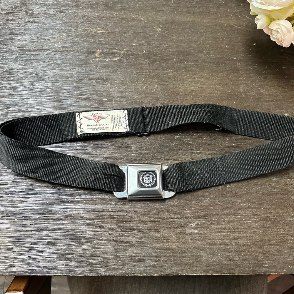 Cadillac Seatbelt Black Belt with Silver Clasp